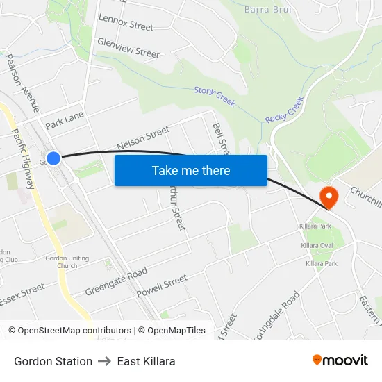 Gordon Station to East Killara map