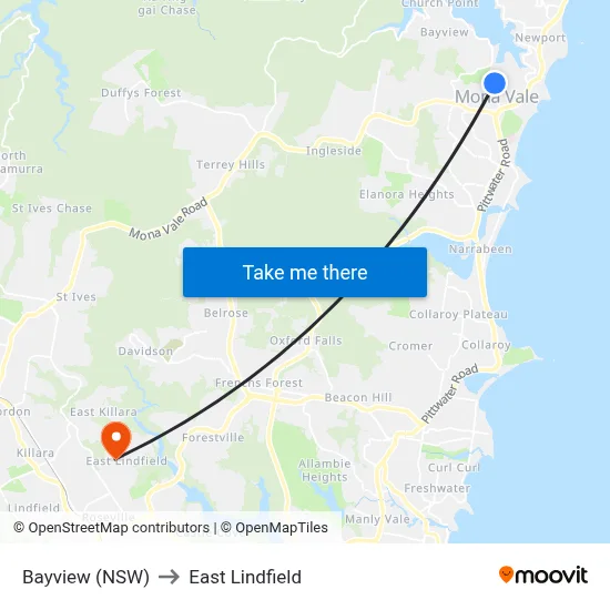 Bayview (NSW) to East Lindfield map