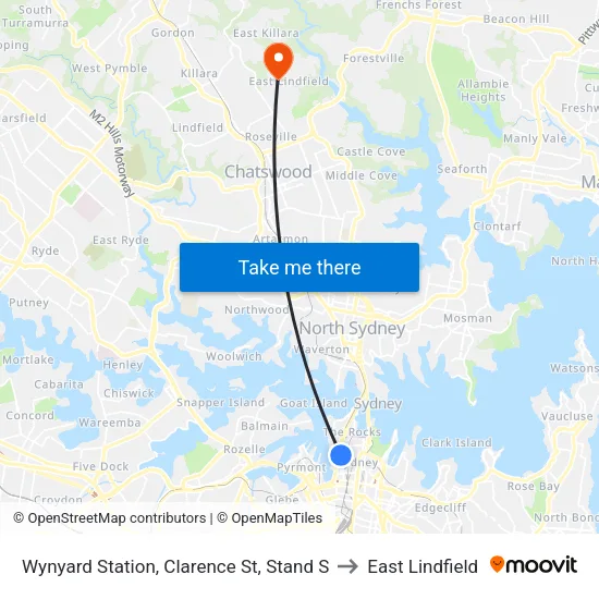 Wynyard Station, Clarence St, Stand S to East Lindfield map