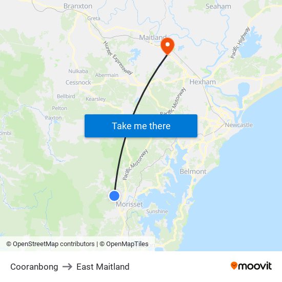 Cooranbong to East Maitland map