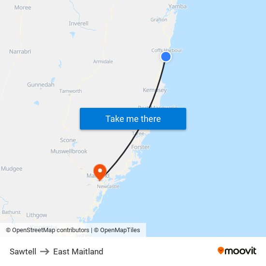 Sawtell to East Maitland map