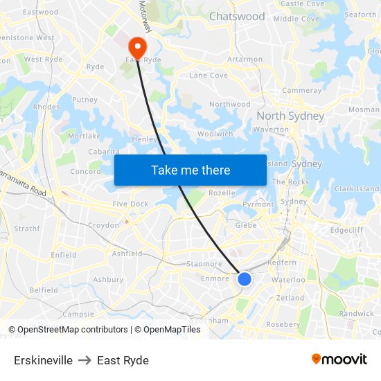 Erskineville to East Ryde map