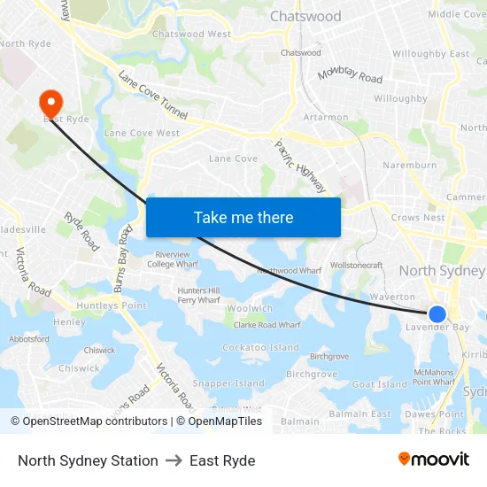 North Sydney Station to East Ryde map