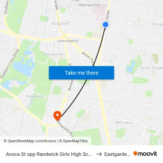 Avoca St opp Randwick Girls High School to Eastgardens map