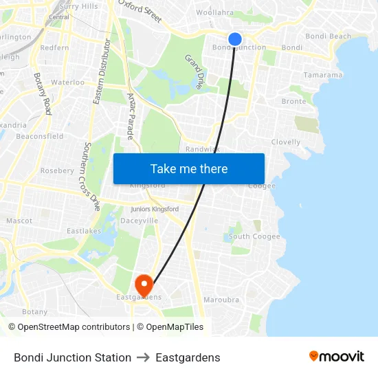 Bondi Junction Station to Eastgardens map