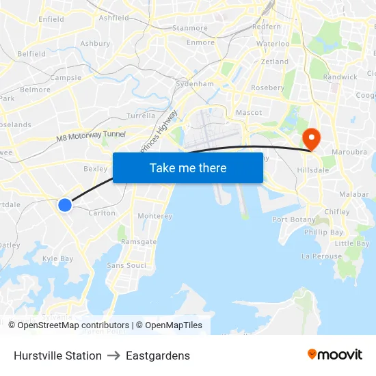 Hurstville Station to Eastgardens map