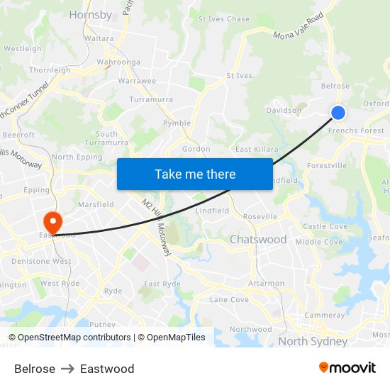 Belrose to Eastwood map