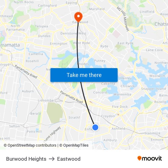 Burwood Heights to Eastwood map