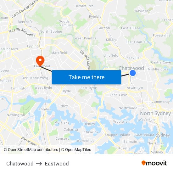 Chatswood to Eastwood map