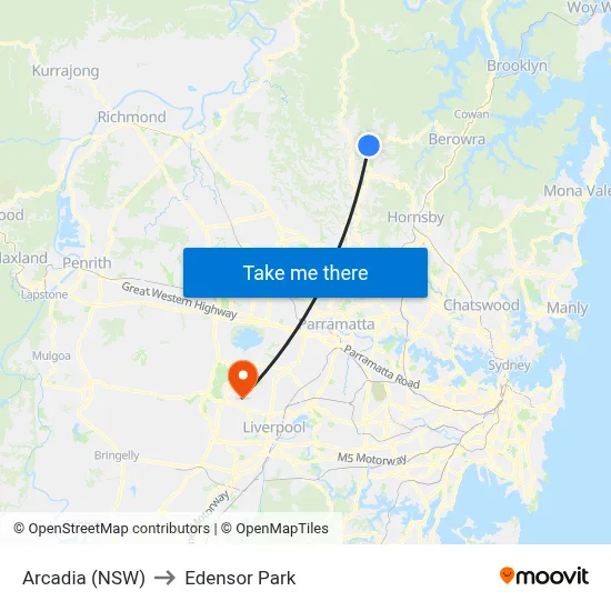 Arcadia (NSW) to Edensor Park map