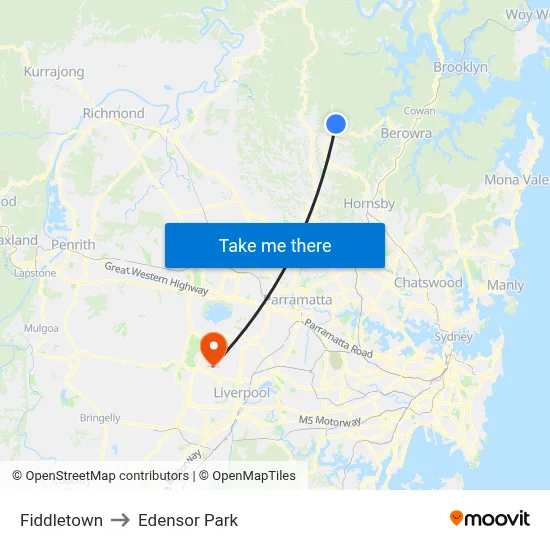 Fiddletown to Edensor Park map