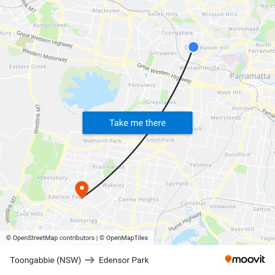 Toongabbie (NSW) to Edensor Park map