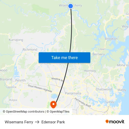 Wisemans Ferry to Edensor Park map