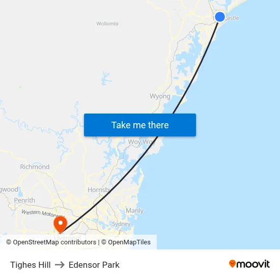 Tighes Hill to Edensor Park map