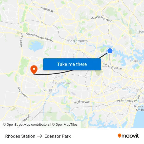 Rhodes Station to Edensor Park map