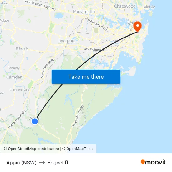Appin (NSW) to Edgecliff map