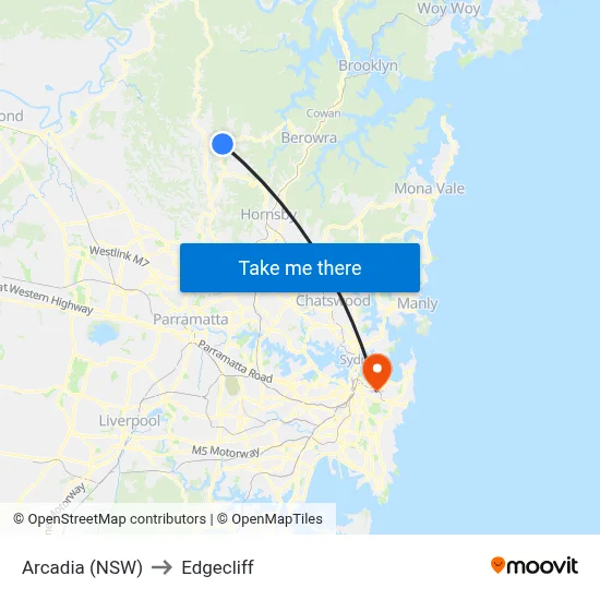 Arcadia (NSW) to Edgecliff map