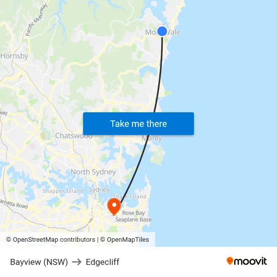 Bayview (NSW) to Edgecliff map