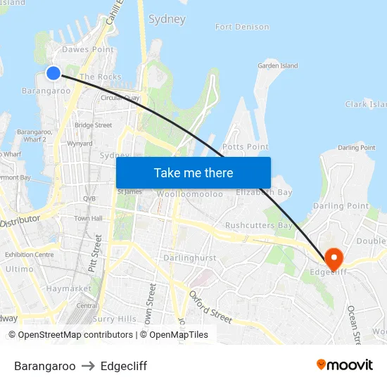 Barangaroo to Edgecliff map