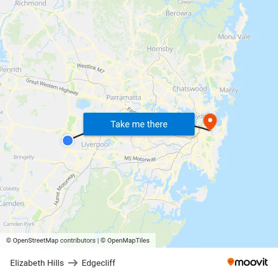 Elizabeth Hills to Edgecliff map