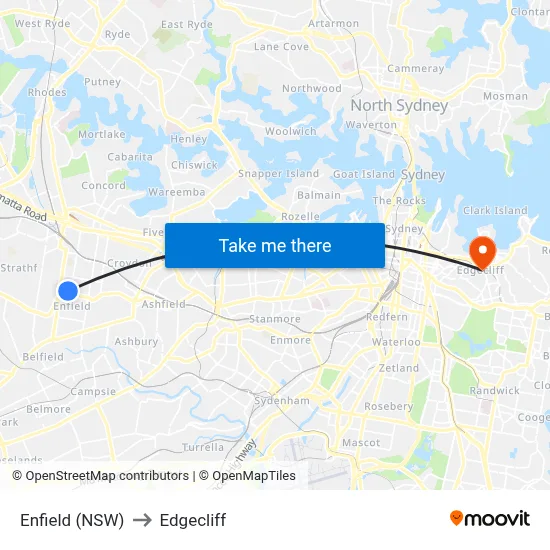 Enfield (NSW) to Edgecliff map