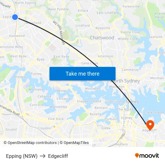 Epping (NSW) to Edgecliff map