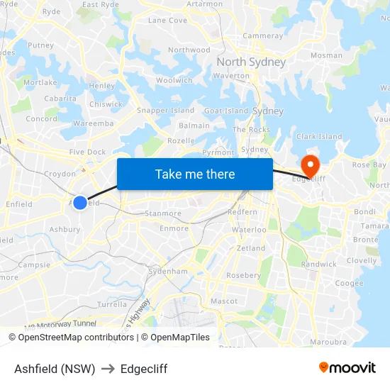 Ashfield (NSW) to Edgecliff map