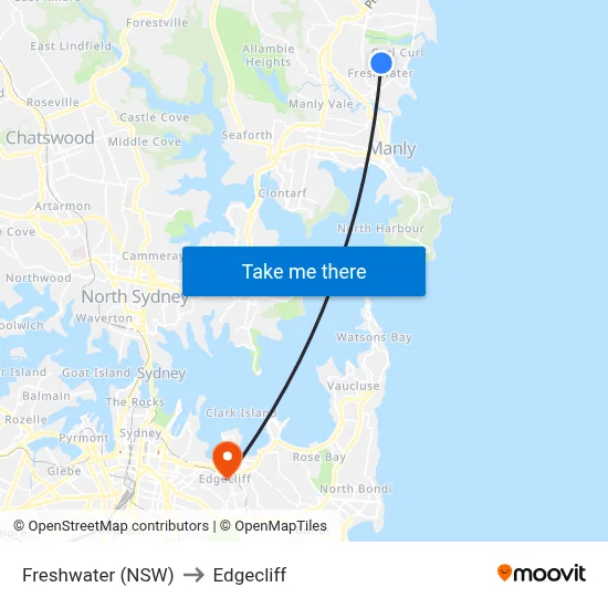 Freshwater (NSW) to Edgecliff map