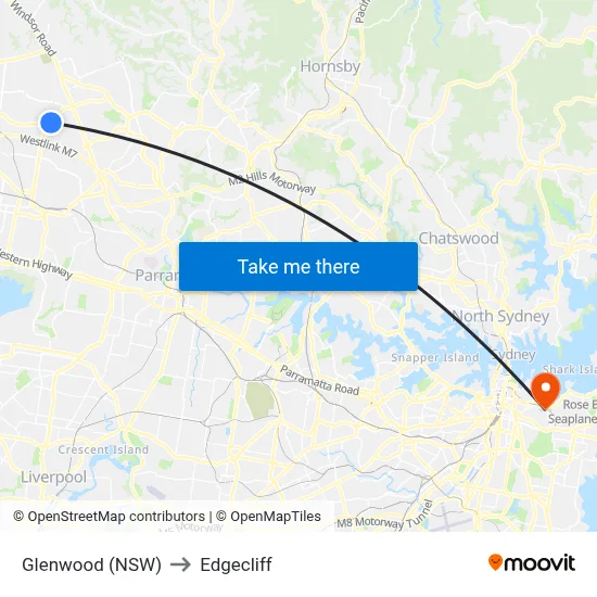 Glenwood (NSW) to Edgecliff map