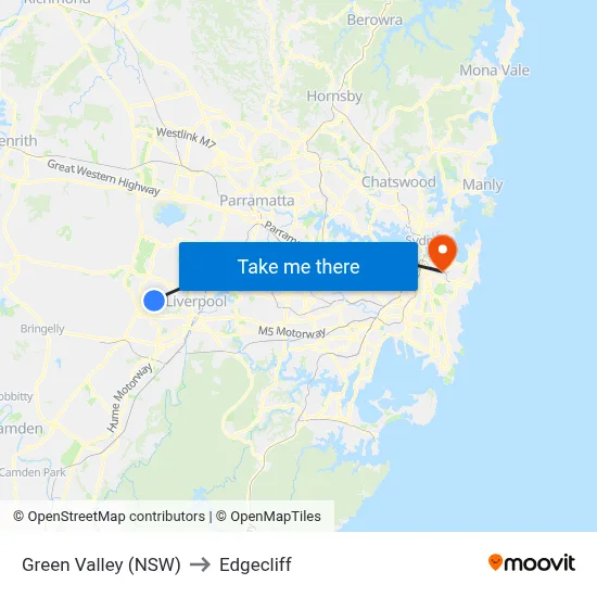 Green Valley (NSW) to Edgecliff map