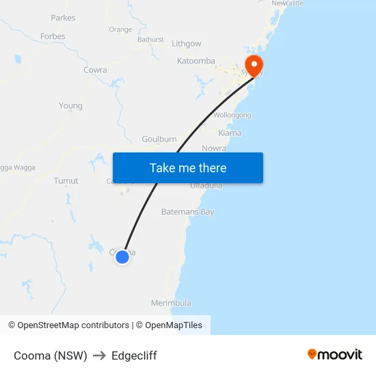 Cooma (NSW) to Edgecliff map