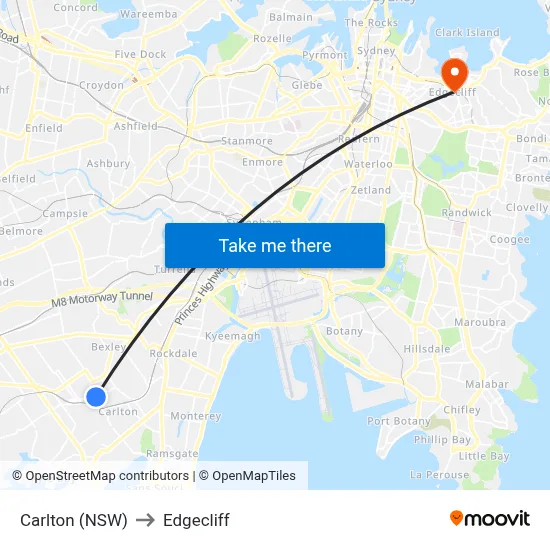 Carlton (NSW) to Edgecliff map