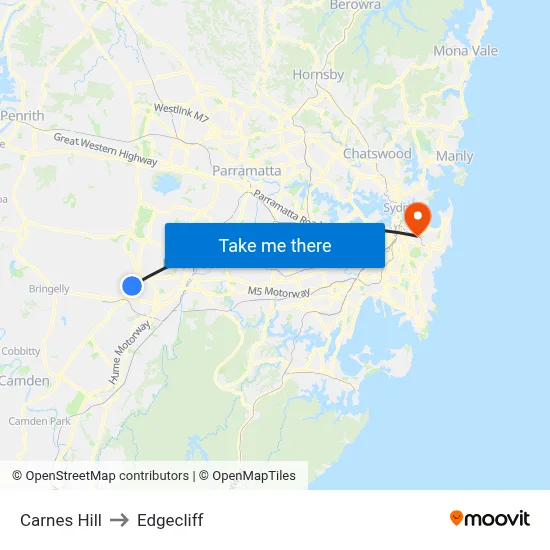 Carnes Hill to Edgecliff map