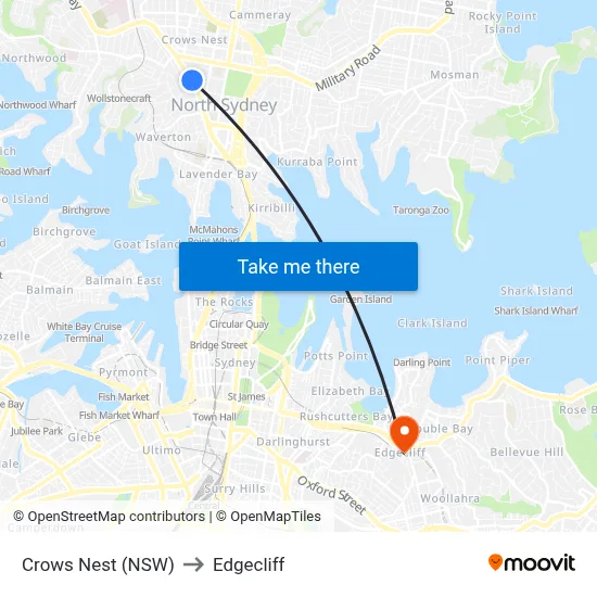 Crows Nest (NSW) to Edgecliff map