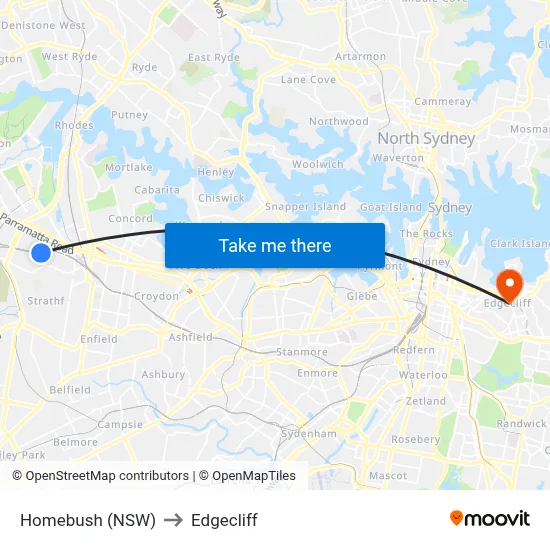 Homebush (NSW) to Edgecliff map