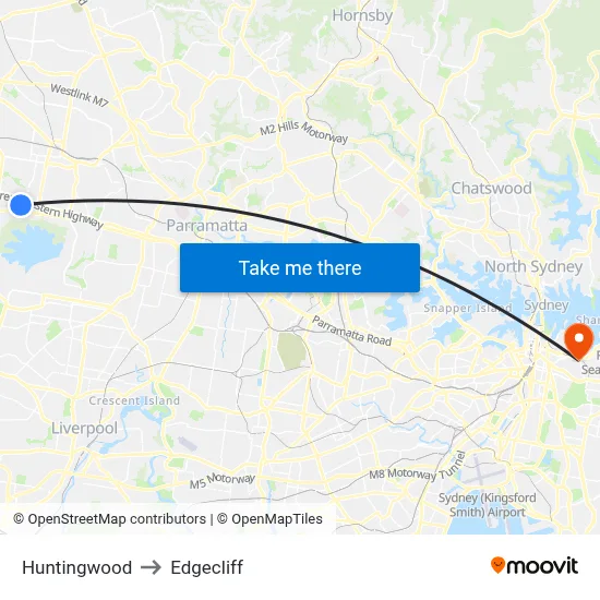 Huntingwood to Edgecliff map