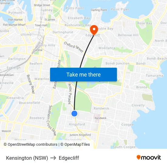 Kensington (NSW) to Edgecliff map