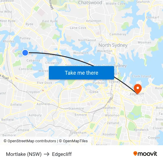 Mortlake (NSW) to Edgecliff map