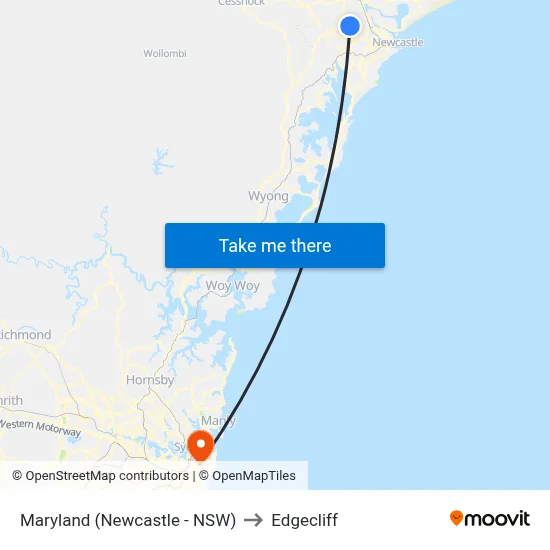 Maryland (Newcastle - NSW) to Edgecliff map