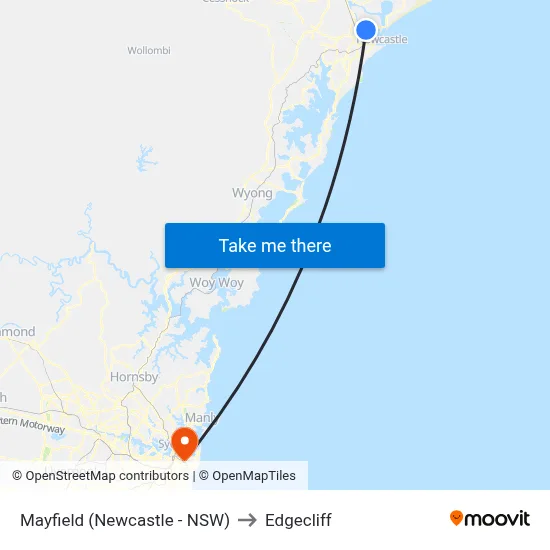 Mayfield (Newcastle - NSW) to Edgecliff map