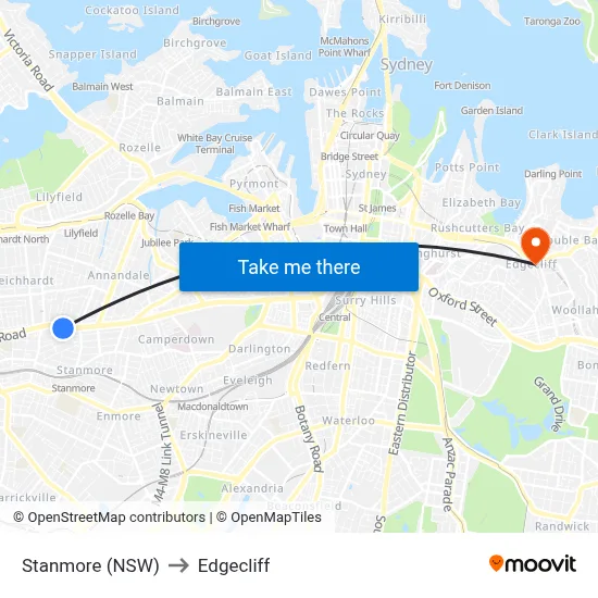 Stanmore (NSW) to Edgecliff map