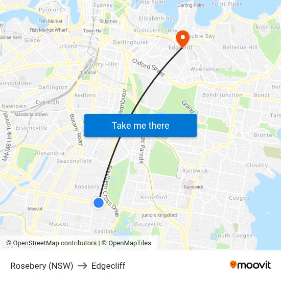 Rosebery (NSW) to Edgecliff map