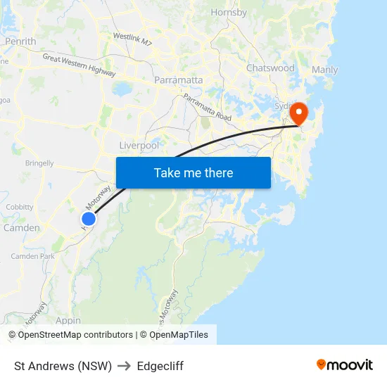 St Andrews (NSW) to Edgecliff map
