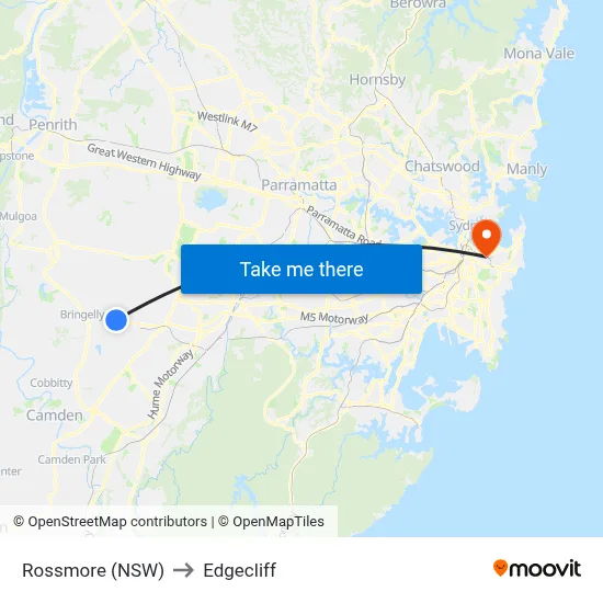 Rossmore (NSW) to Edgecliff map