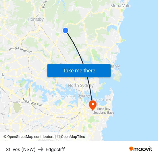St Ives (NSW) to Edgecliff map