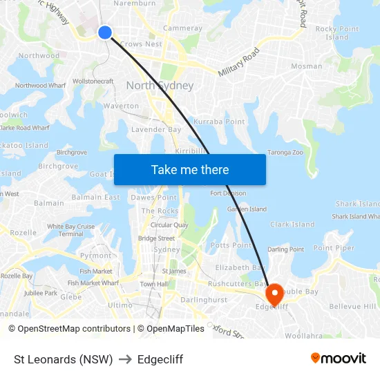 St Leonards (NSW) to Edgecliff map
