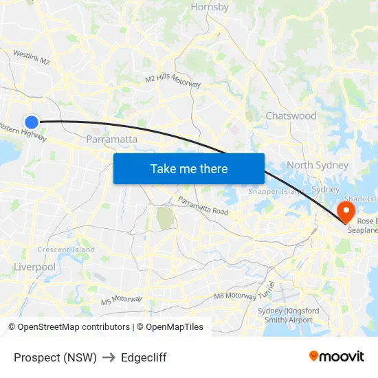 Prospect (NSW) to Edgecliff map