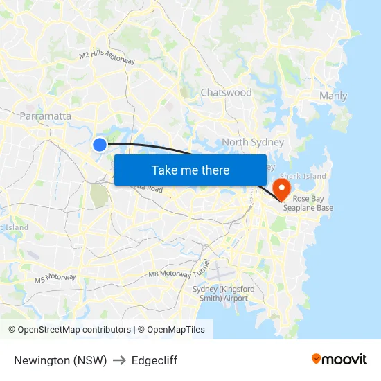 Newington (NSW) to Edgecliff map