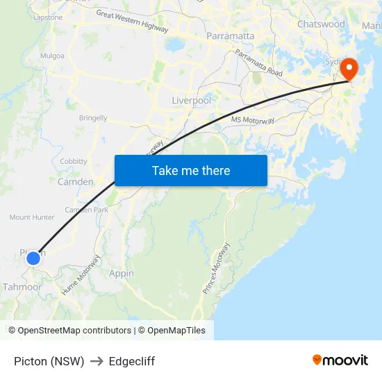 Picton (NSW) to Edgecliff map
