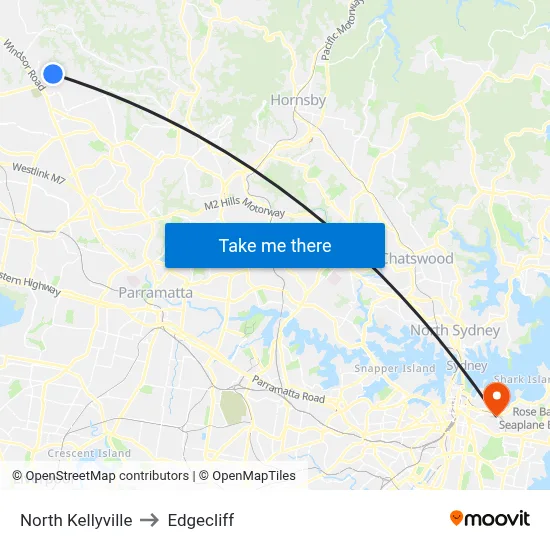 North Kellyville to Edgecliff map